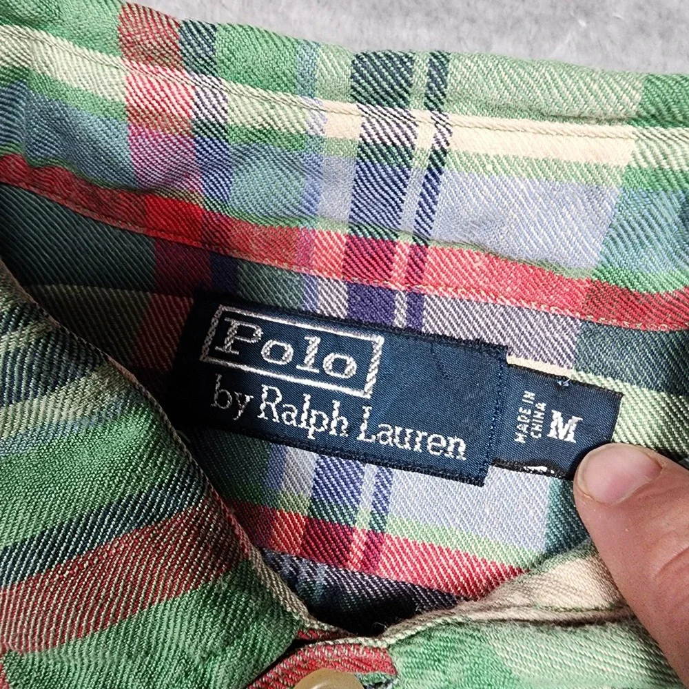 Polo Ralph Lauren Shirt Mens Medium Green Red Madras Plaid Button Down‎ Casual